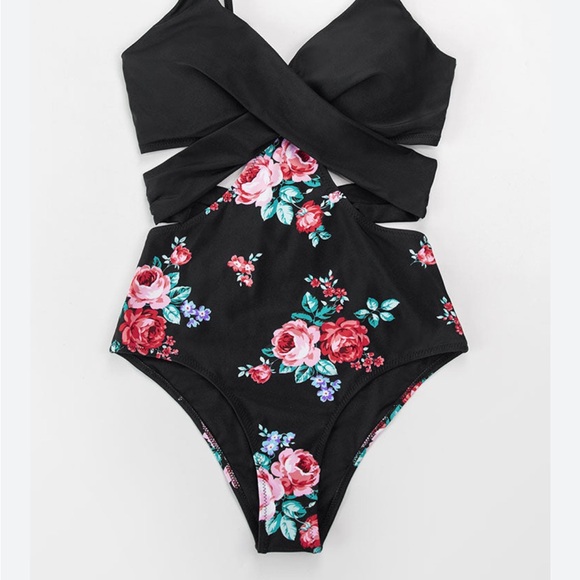Black And Floral Wrap Cutout One Piece Swimsuit - Picture 4 of 8